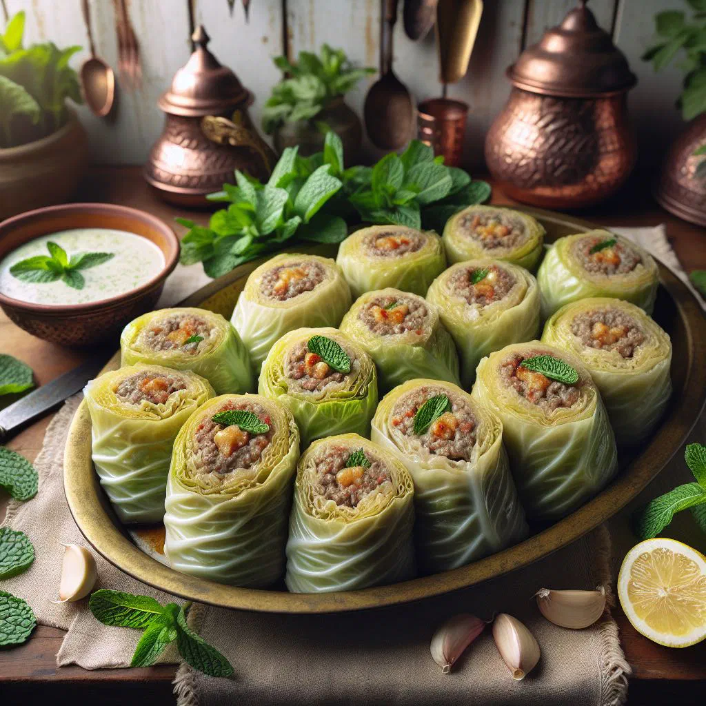 Lebanese malfouf mehshi stuffed cabbage rolls simmered and served on a platter