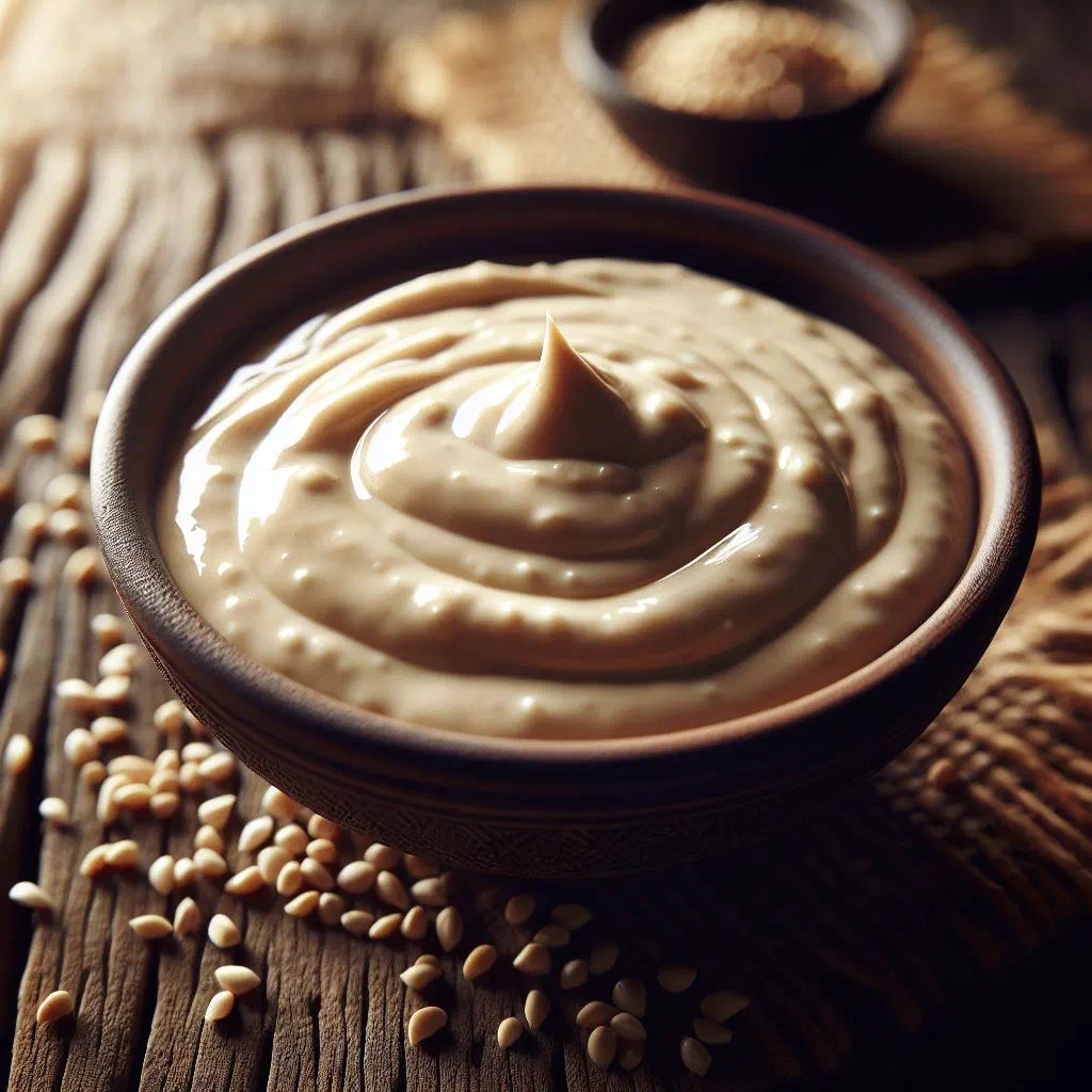 Creamy tahini sauce in a shallow bowl drizzled with olive oil and sesame seeds