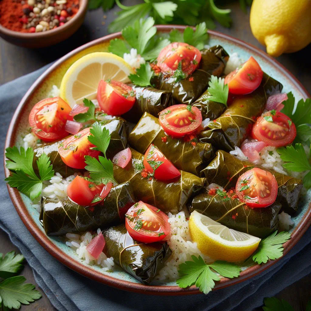 Rolled stuffed vine leaves arranged on a plate with lemon