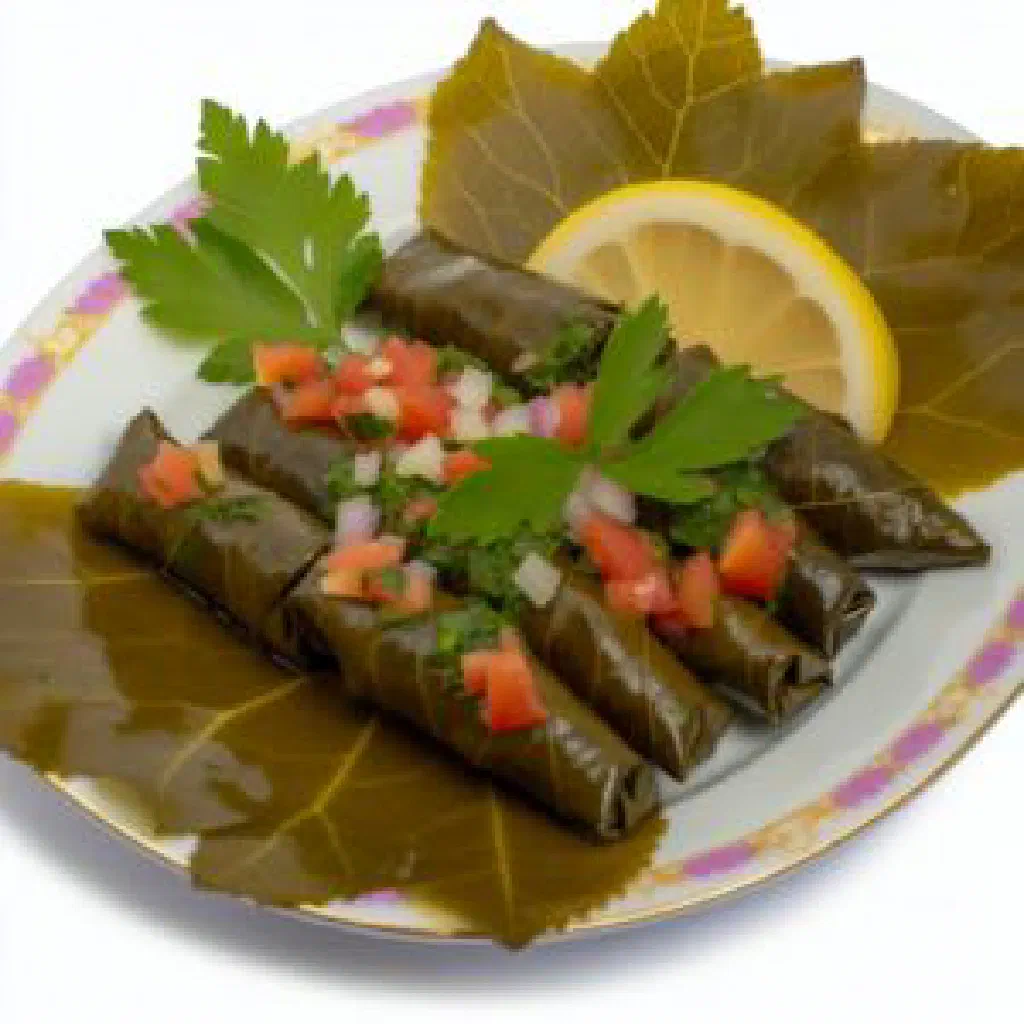 Rolled stuffed vine leaves arranged on a plate with lemon wedges