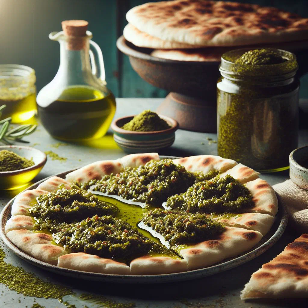 Flatbread brushed with za'atar and olive oil, served with fresh tomatoes