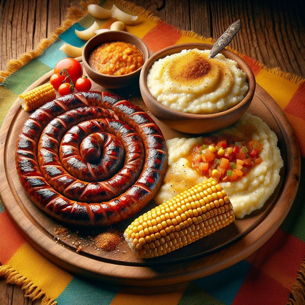 Grilled boerewors sausage served with creamy maize meal pap