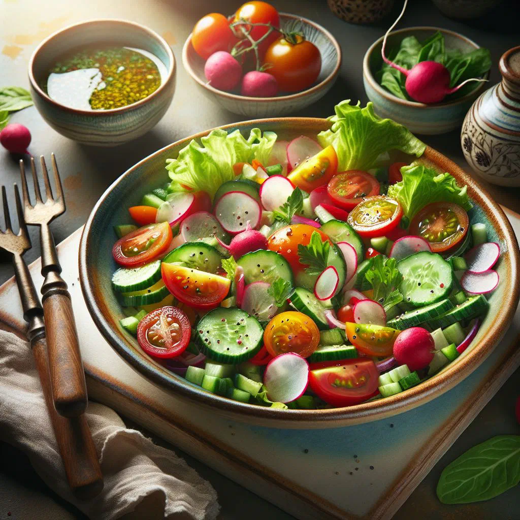 A colourful bowl of Khotso salad with fresh greens, tomatoes and cucumber
