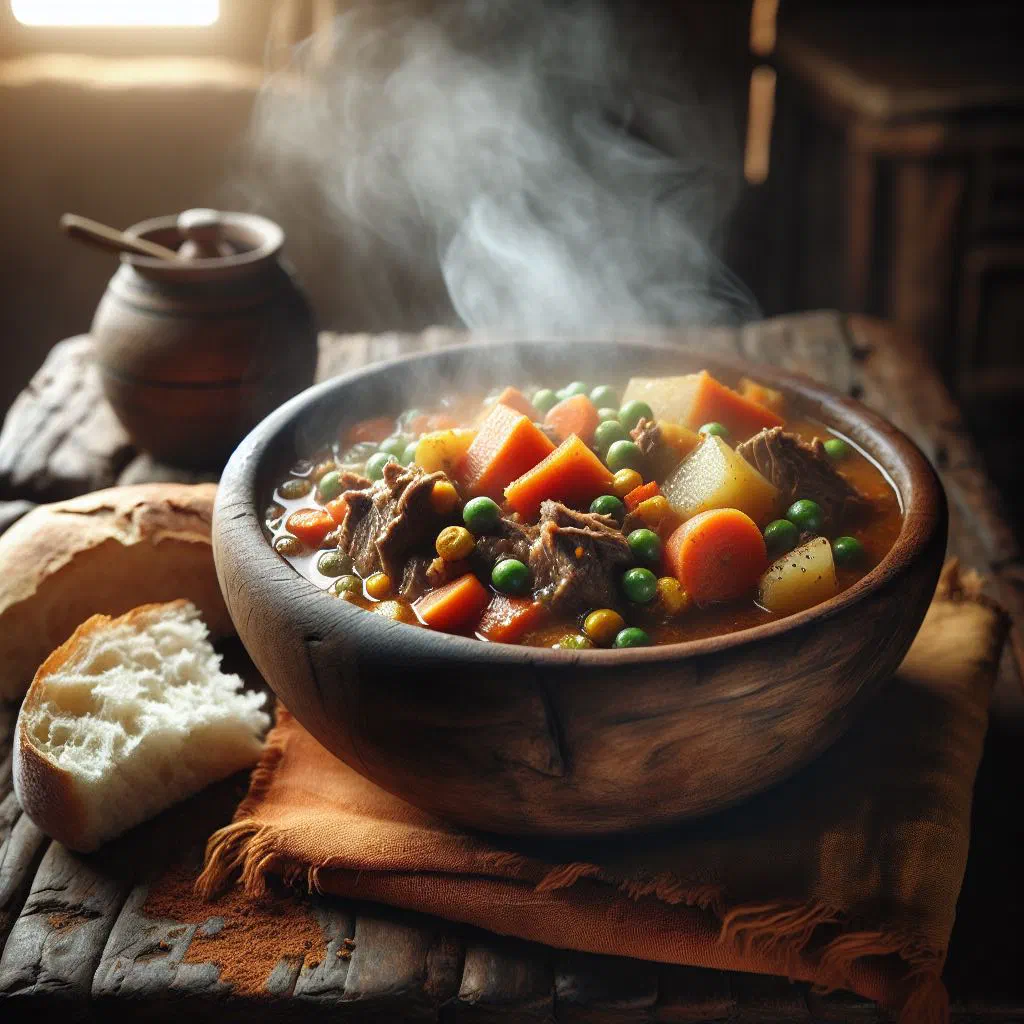 Hearty Mohale stew with tender beef, carrots and potatoes in a bowl
