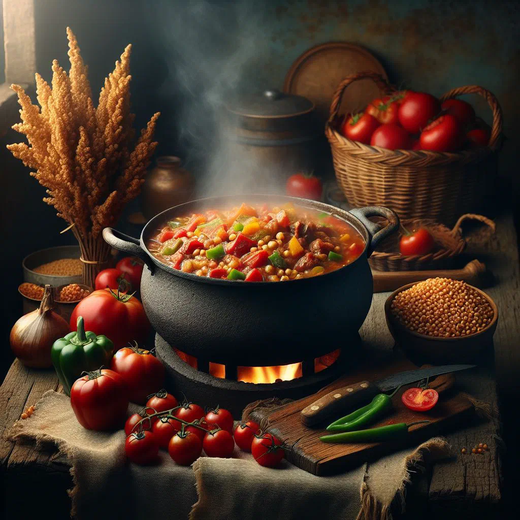 A hearty bowl of Lesotho sorghum stew with vegetables and fresh herbs