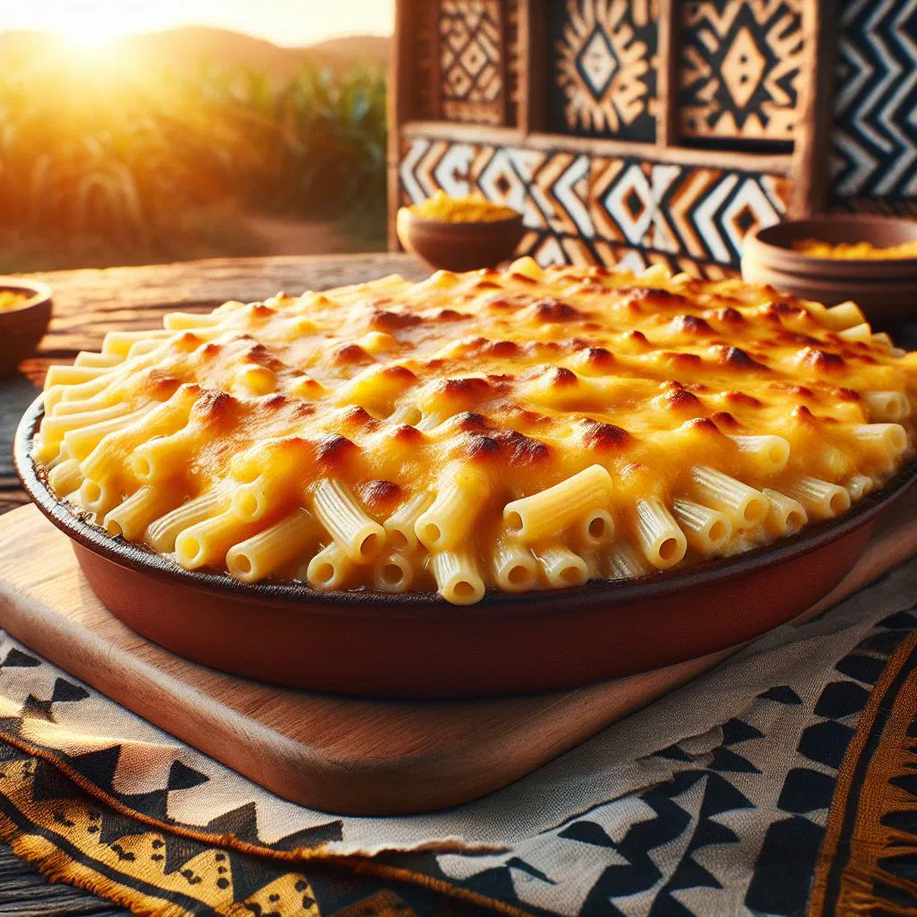 Golden baked macaroni and cheese in a dish with a bubbling cheese crust