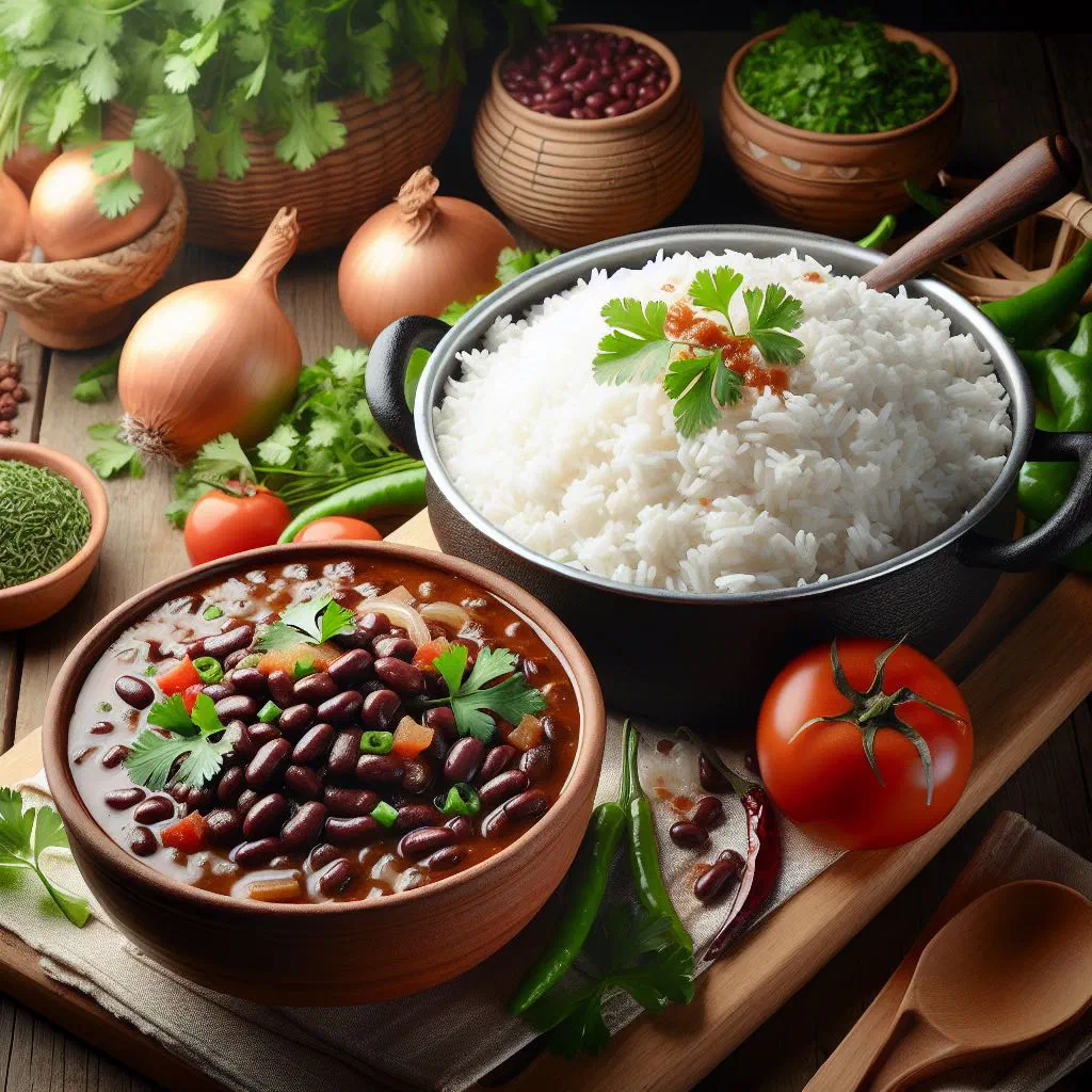 Bowl of Liberian beans and rice with onions and fresh herbs