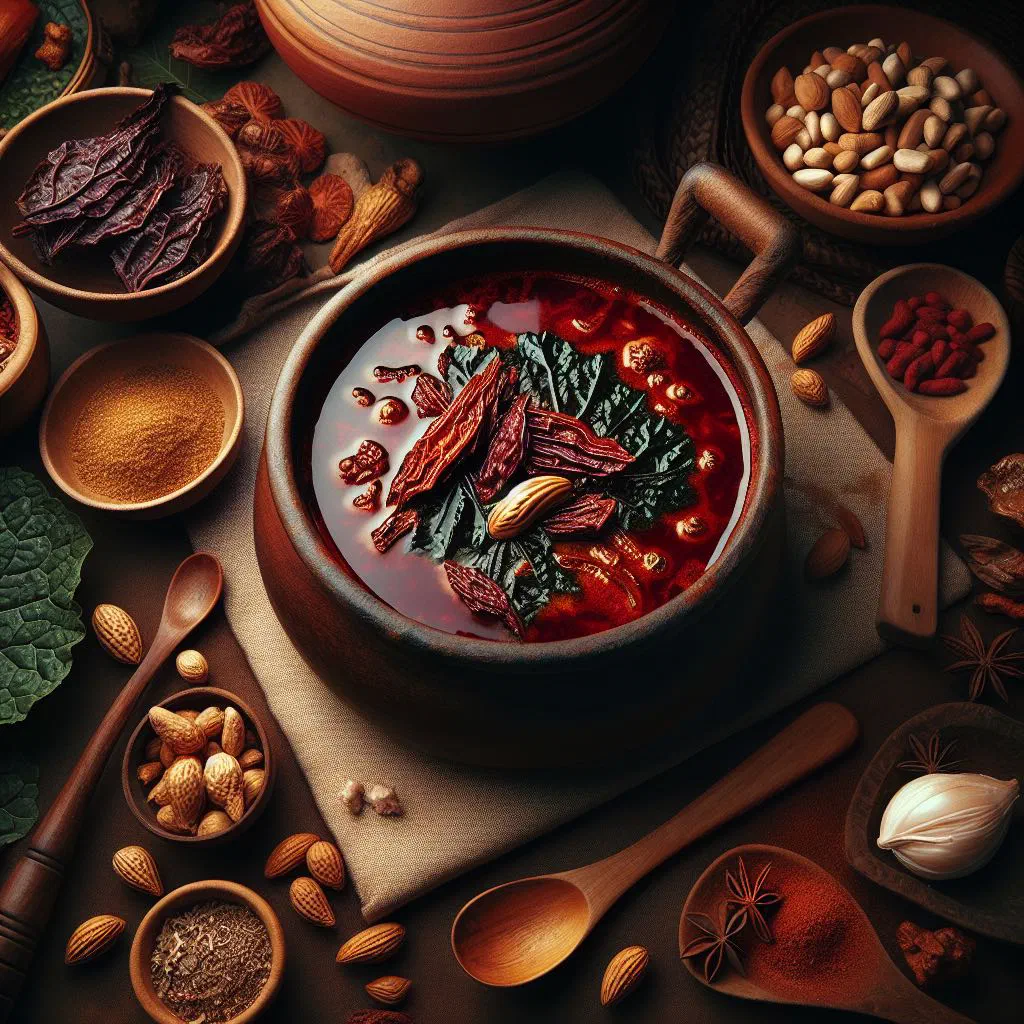 Bowl of Liberian bitterleaf soup with tender meat and dark green leaves