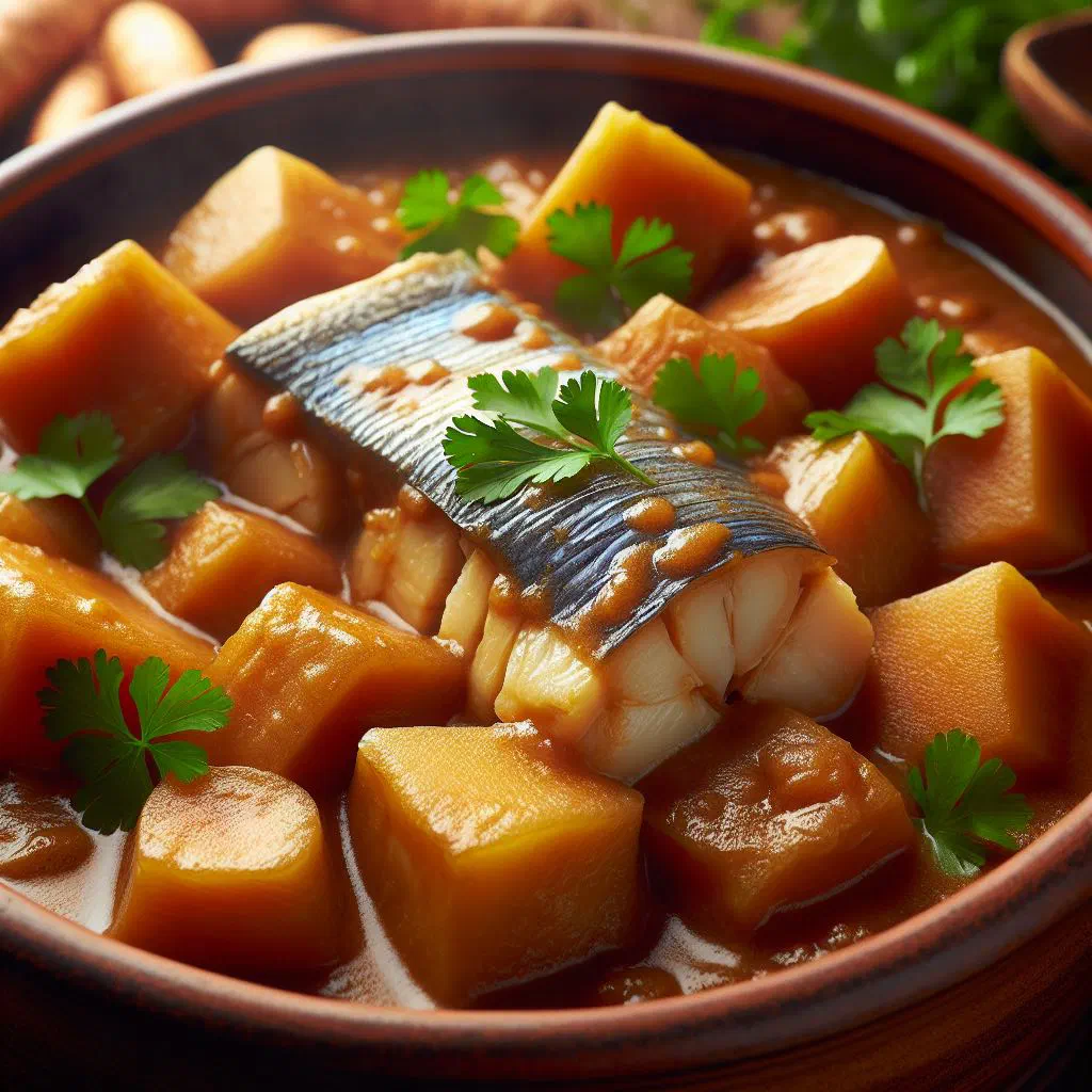 Cassava fish gravy in a deep bowl with chunks of fish and a rich tomato sauce