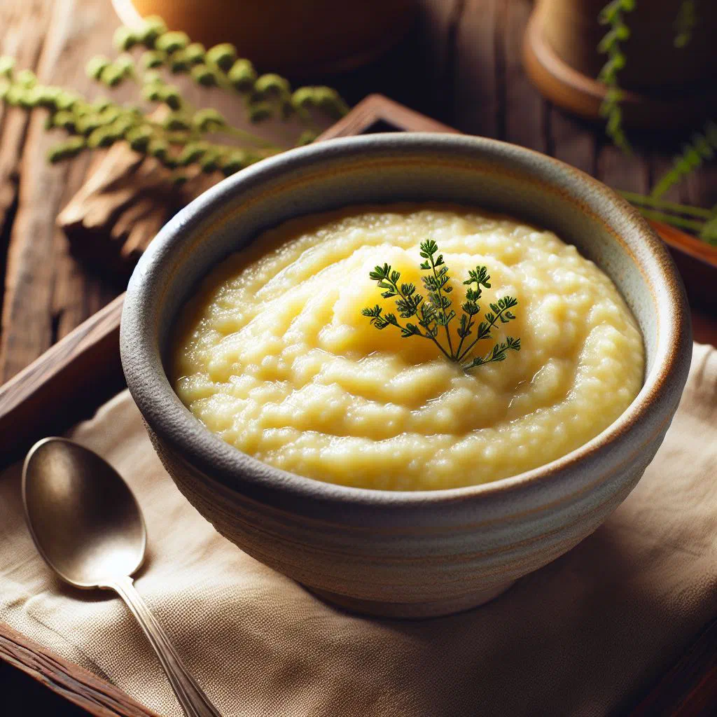 Creamy cassava porridge in a bowl topped with fresh fruit and honey