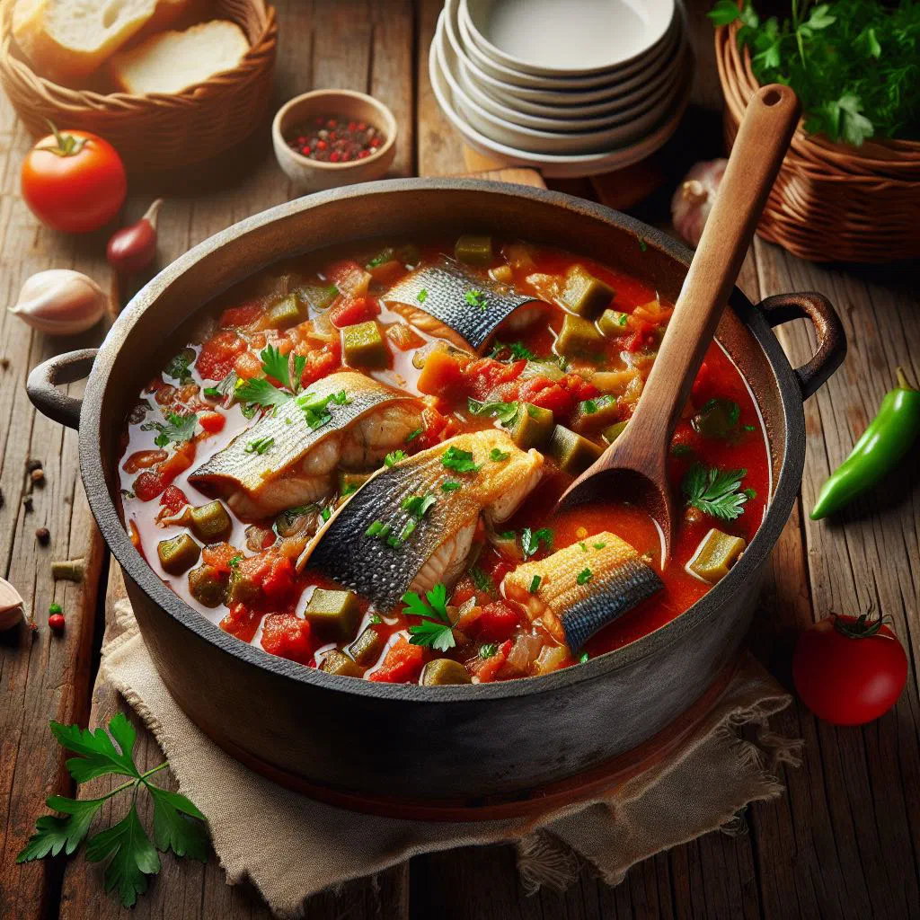 Liberian catfish stew in a deep bowl with tomatoes, peppers and fresh coriander
