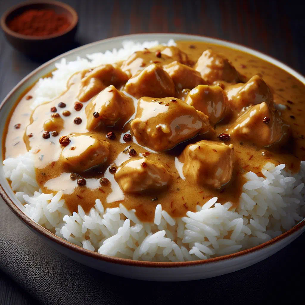 Liberian chicken gravy with vegetables served over white rice
