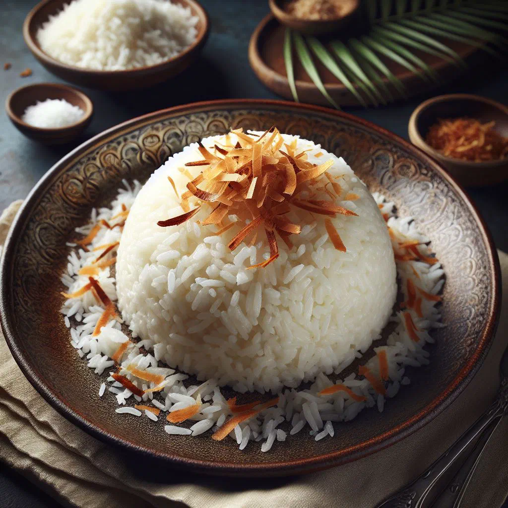 Bowl of fluffy Liberian coconut rice garnished with fresh herbs
