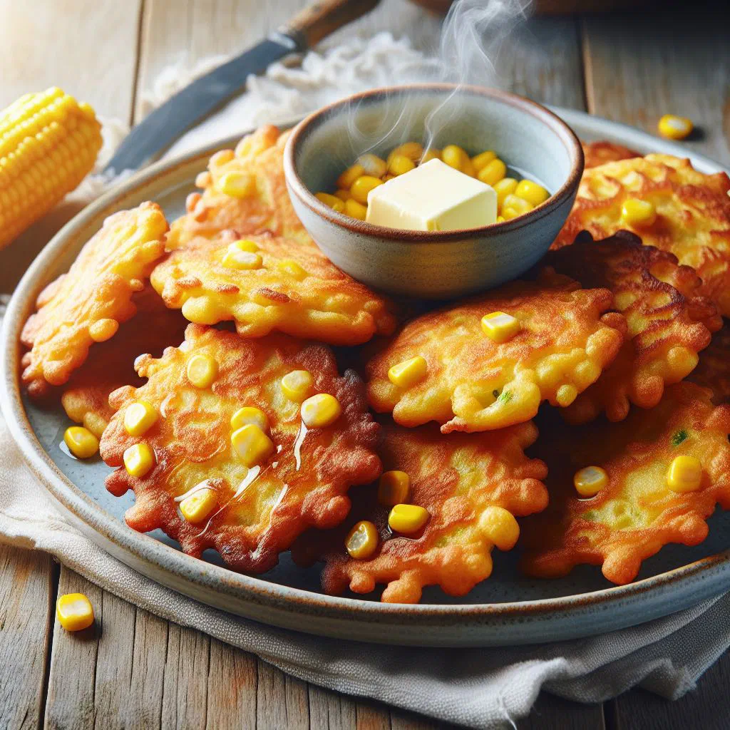 Golden Liberian corn fritters piled on a plate with fresh herbs