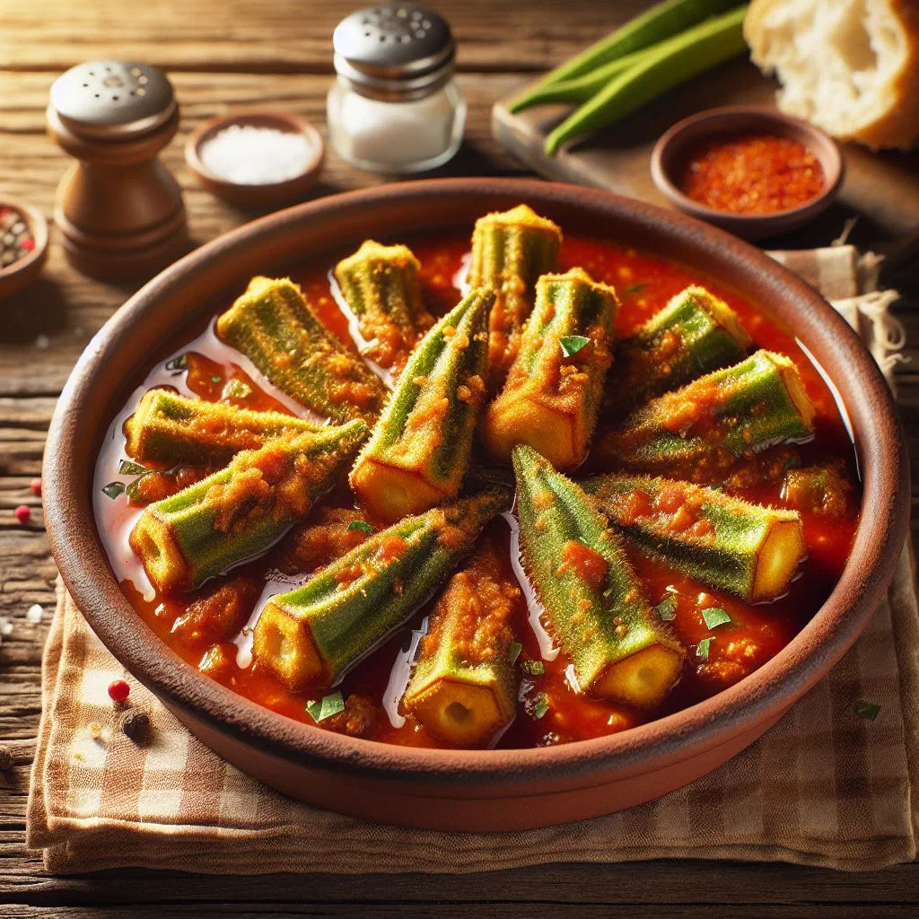 Liberian fried okra stew with tomatoes and meat in a deep bowl
