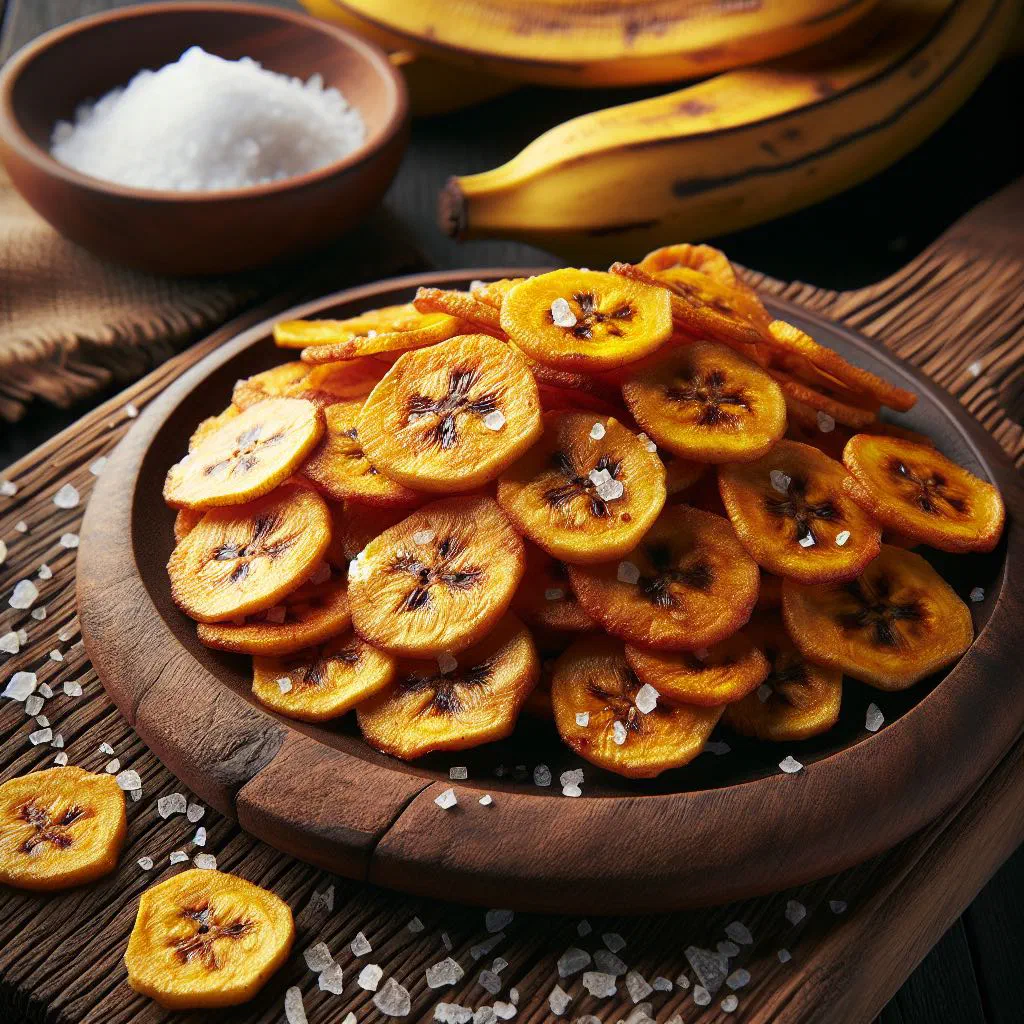 Golden fried plantain chips piled in a bowl with a sprinkling of salt