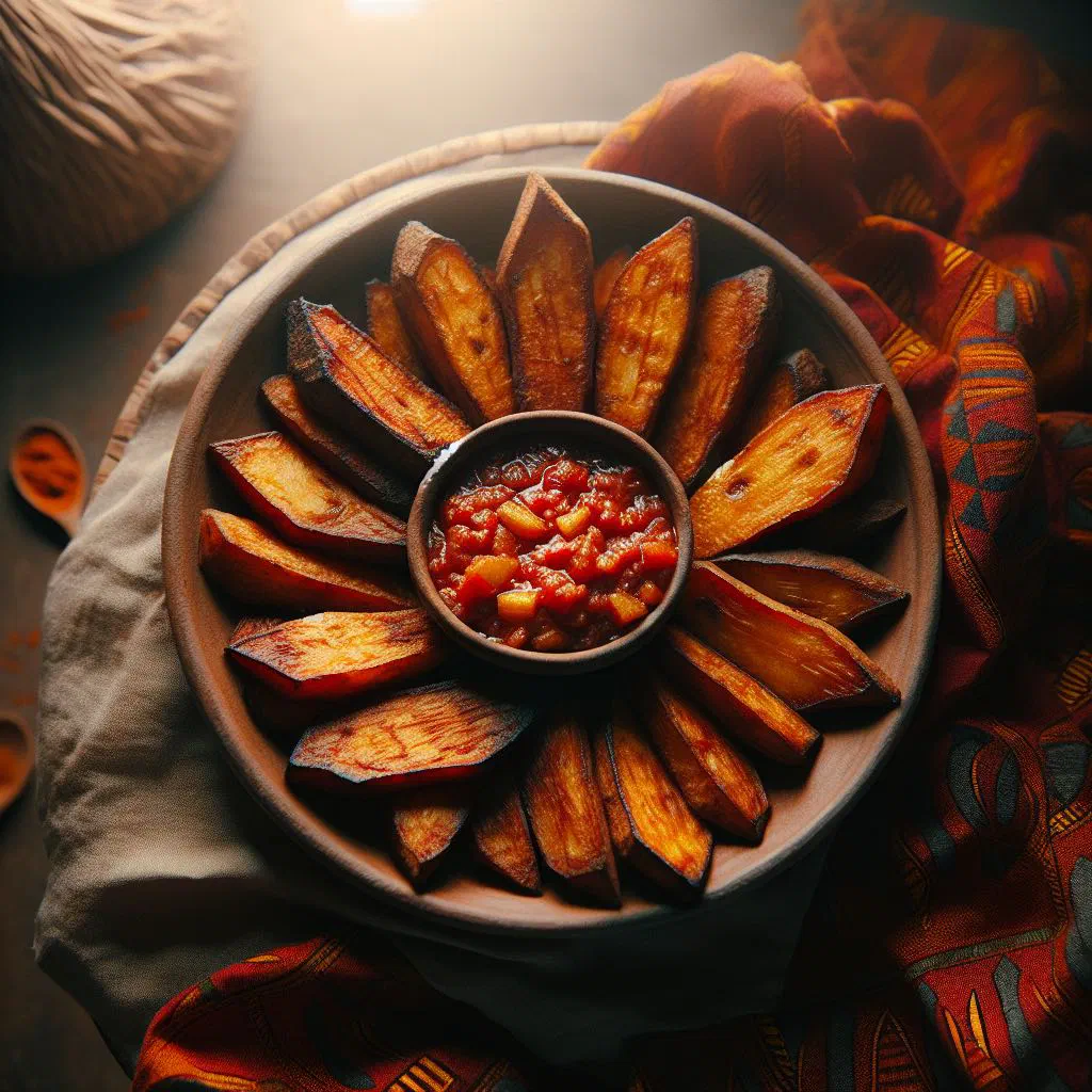 Golden fried yam slices served with a chilli dipping sauce