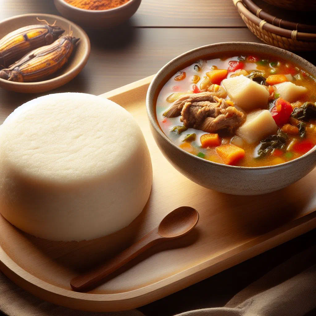 Bowl of smooth white fufu served with a rich Liberian soup