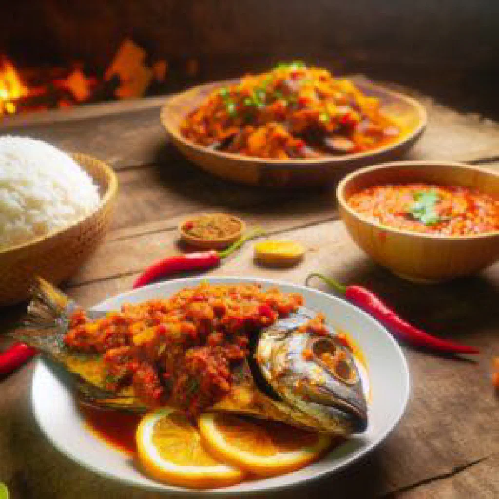 Whole grilled fish served with fiery red pepper sauce and fresh herbs