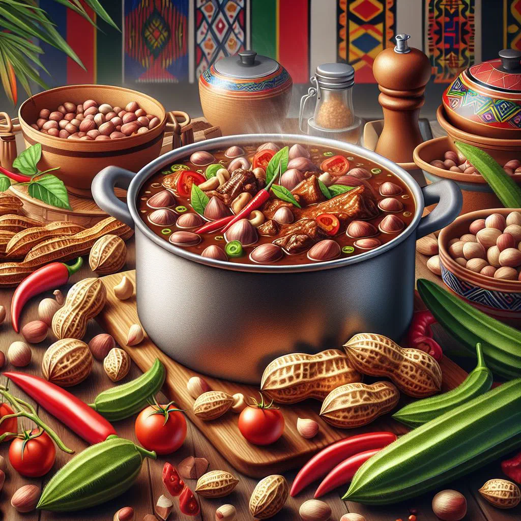 Bowl of Liberian groundnut stew with chicken, vegetables and a creamy peanut sauce