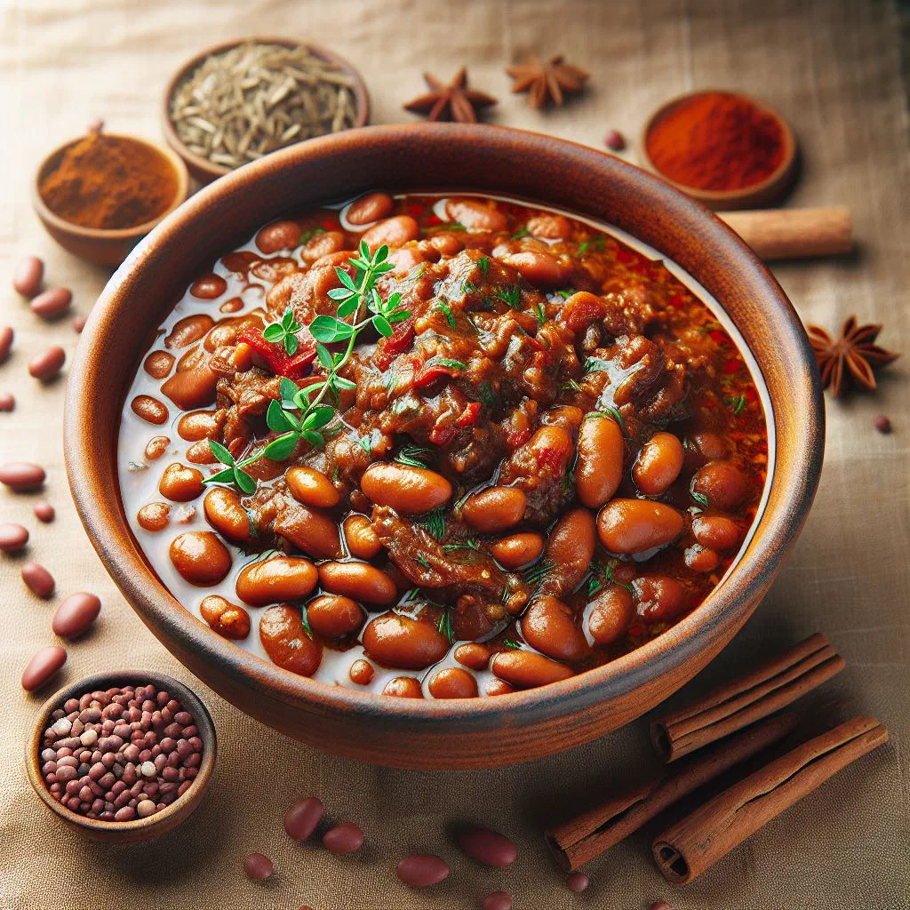 Bowl of Liberian stewed beans with peppers, carrots and fresh herbs