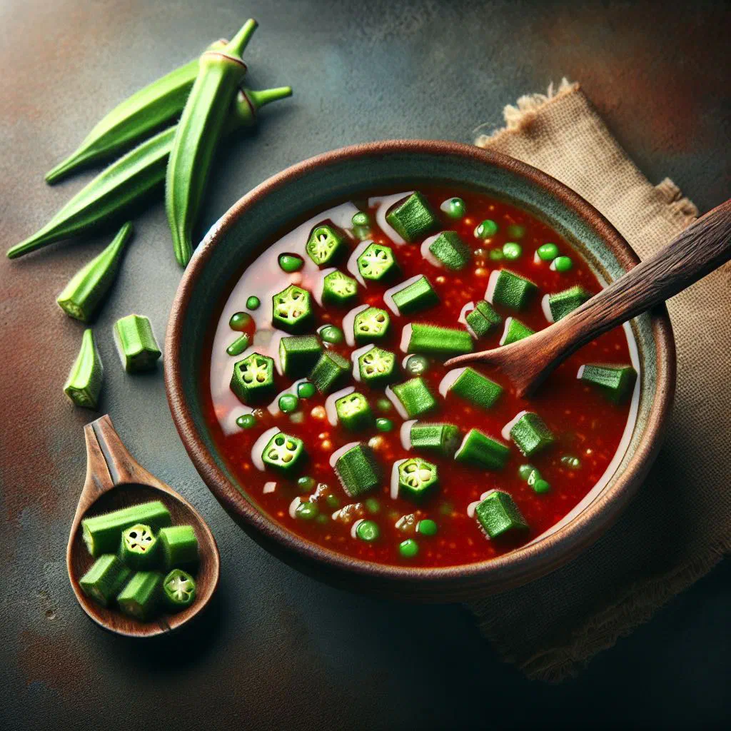 Bowl of Liberian okra soup with meat and chilli, served with rice