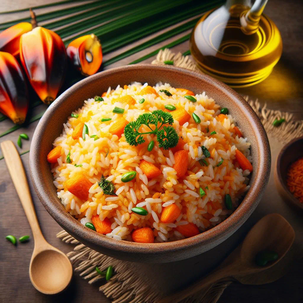 Bowl of Liberian palm oil rice with a deep orange colour and fresh herbs