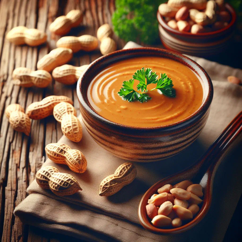Creamy Liberian peanut soup in a bowl garnished with fresh parsley