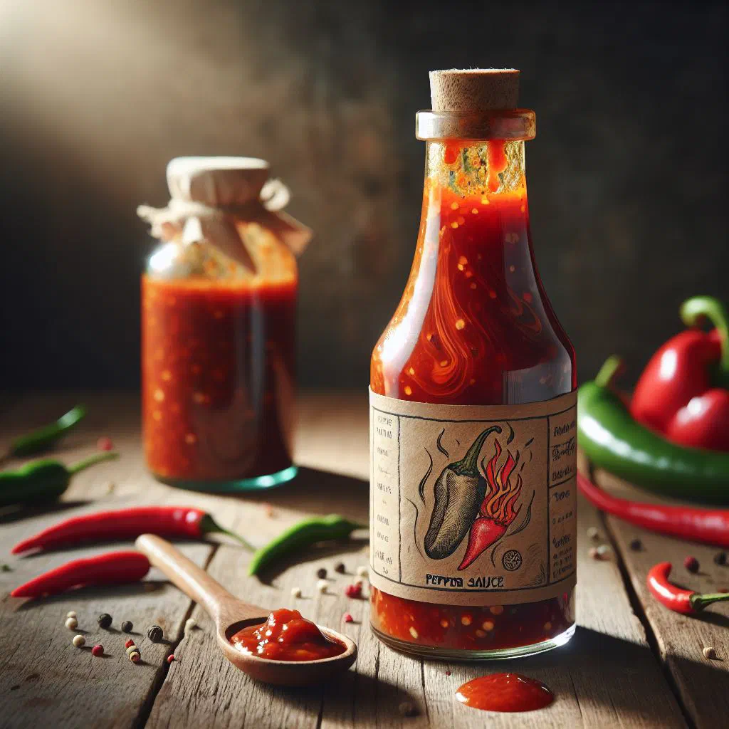 Fiery red Liberian pepper sauce in a small bowl with fresh chillies
