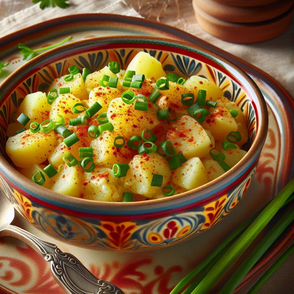Creamy Liberian potato salad with carrots, peppers and peas in a bowl