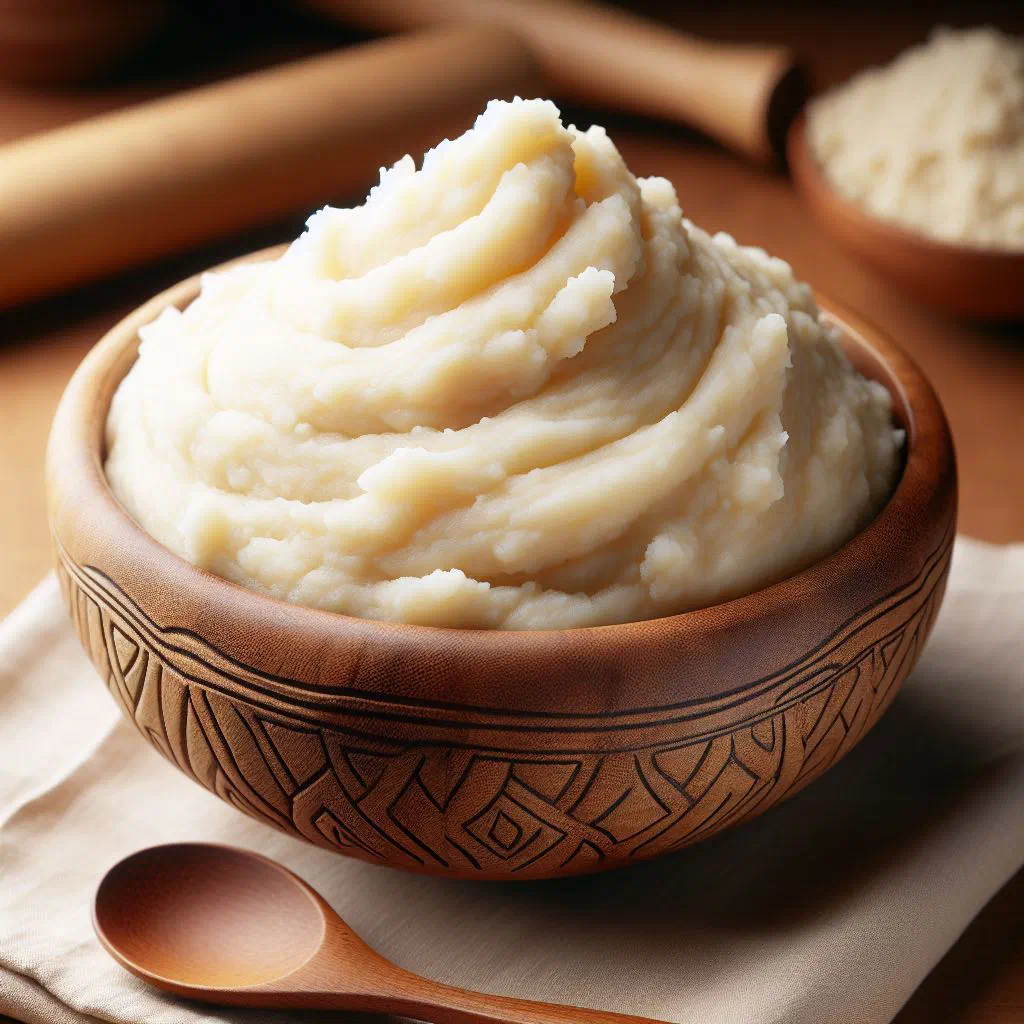 Smooth white pounded yam served in a bowl with a spiced soup