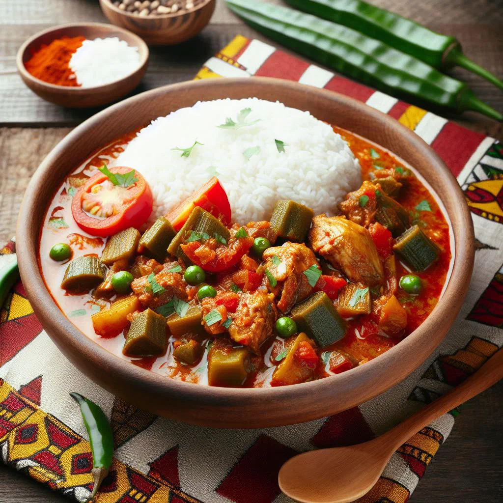 Bowl of Liberian rice and stew with a rich tomato sauce