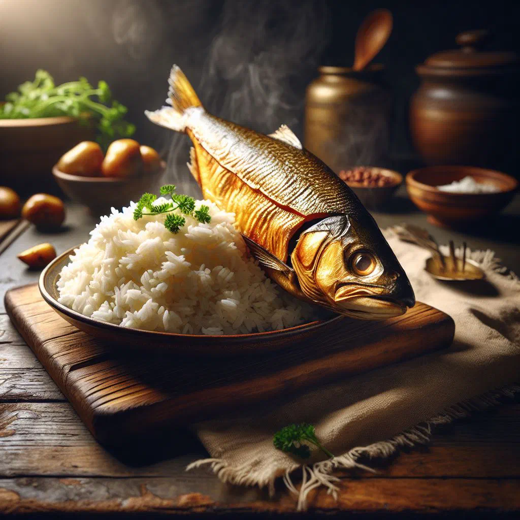 Flaked smoked fish served over seasoned long-grain rice