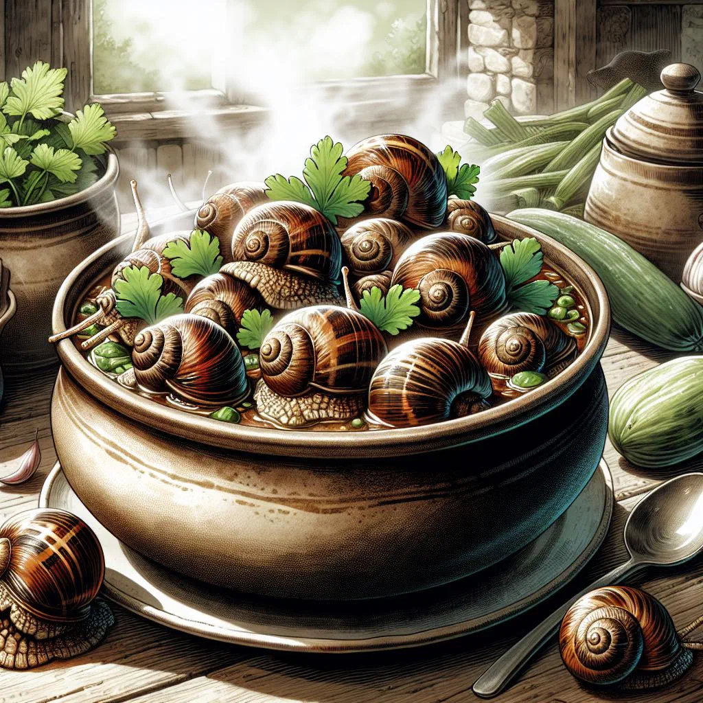 Liberian snail stew with peppers and tomatoes in a rustic bowl