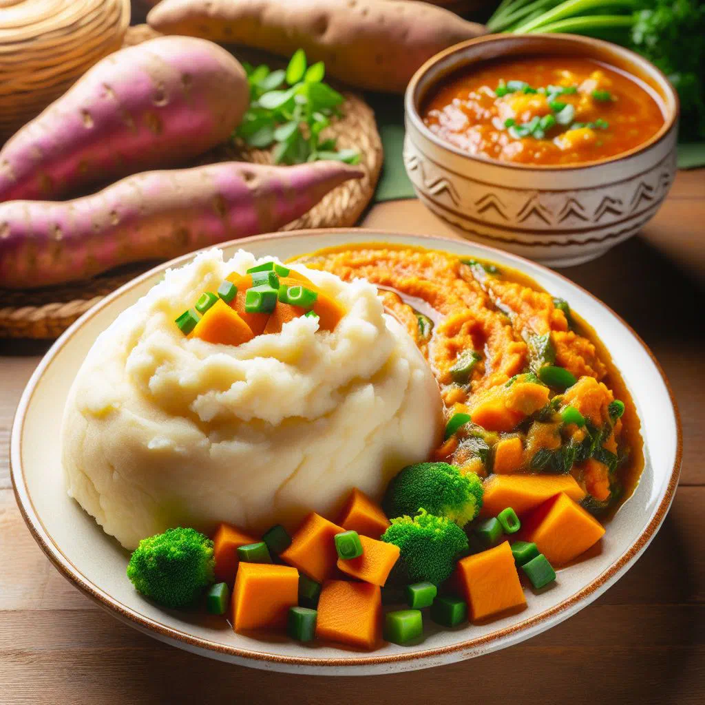 Smooth balls of sweet potato fufu served in a bowl beside a rich stew