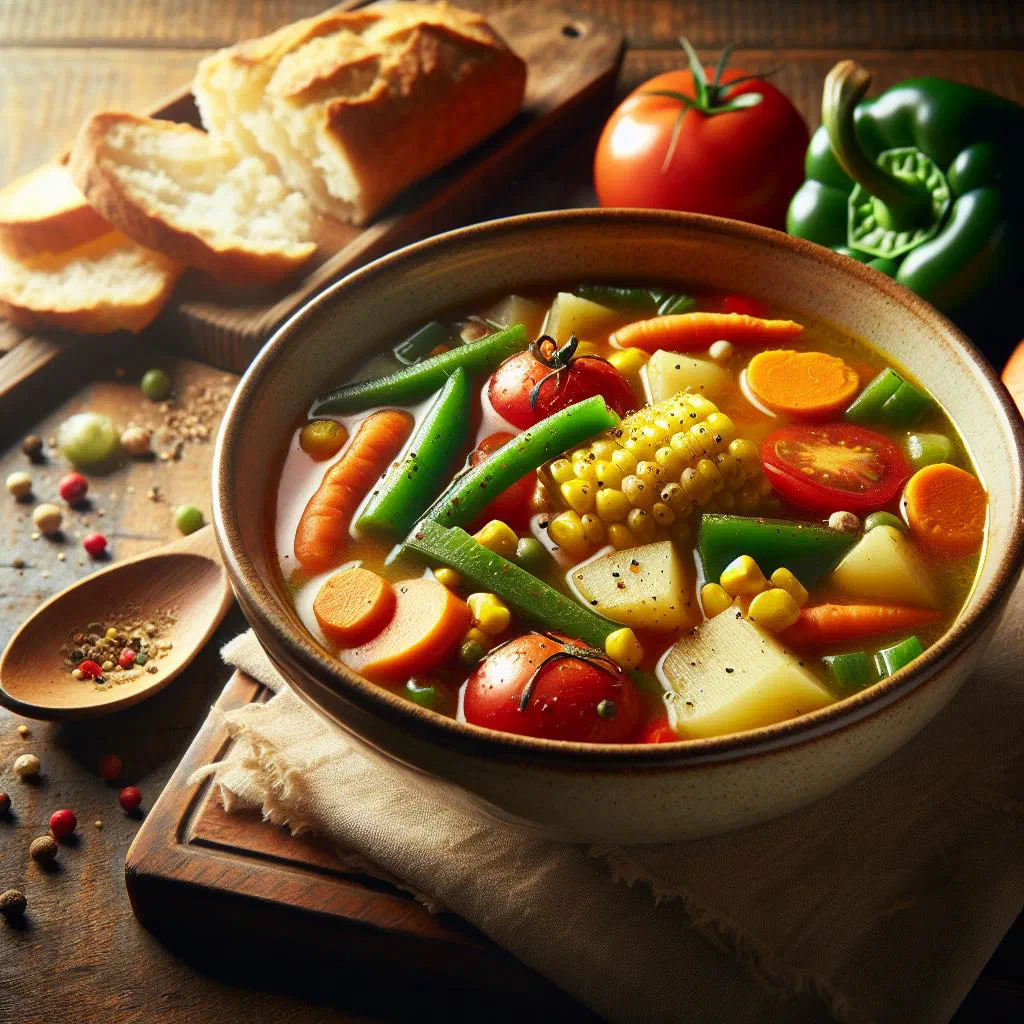 Liberian vegetable stew with root vegetables and leafy greens in a bowl