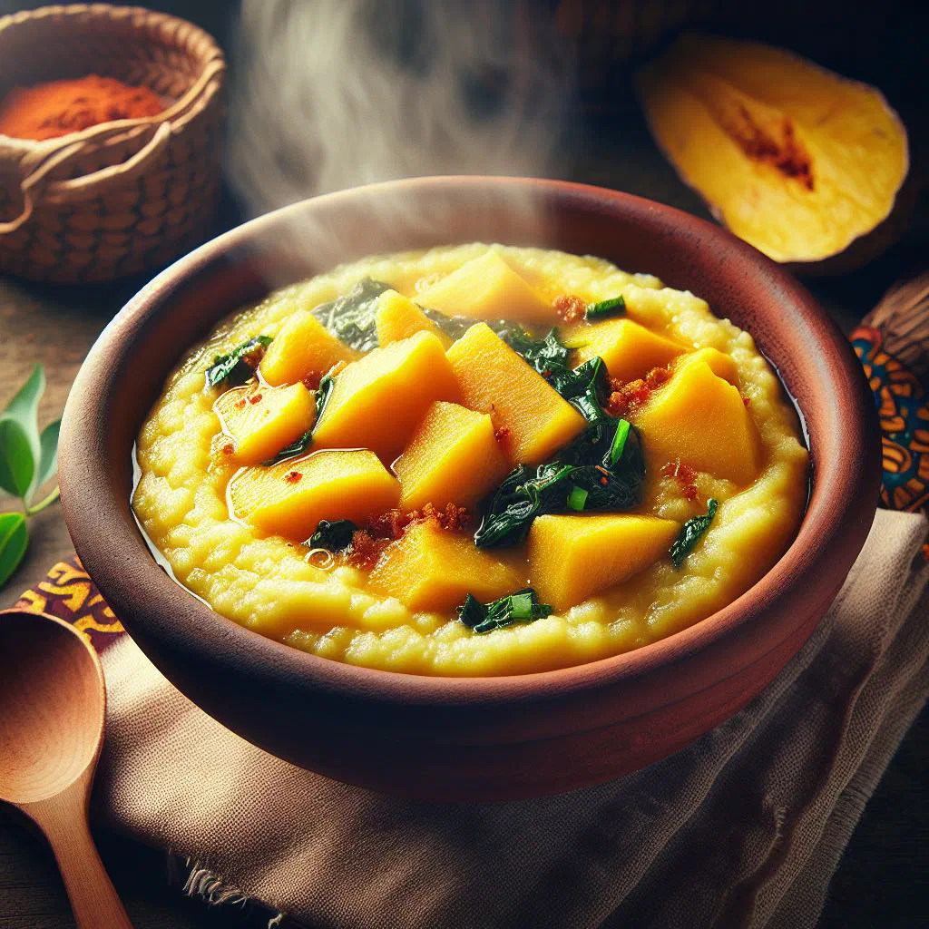 Bowl of creamy Liberian yam porridge garnished with fresh herbs