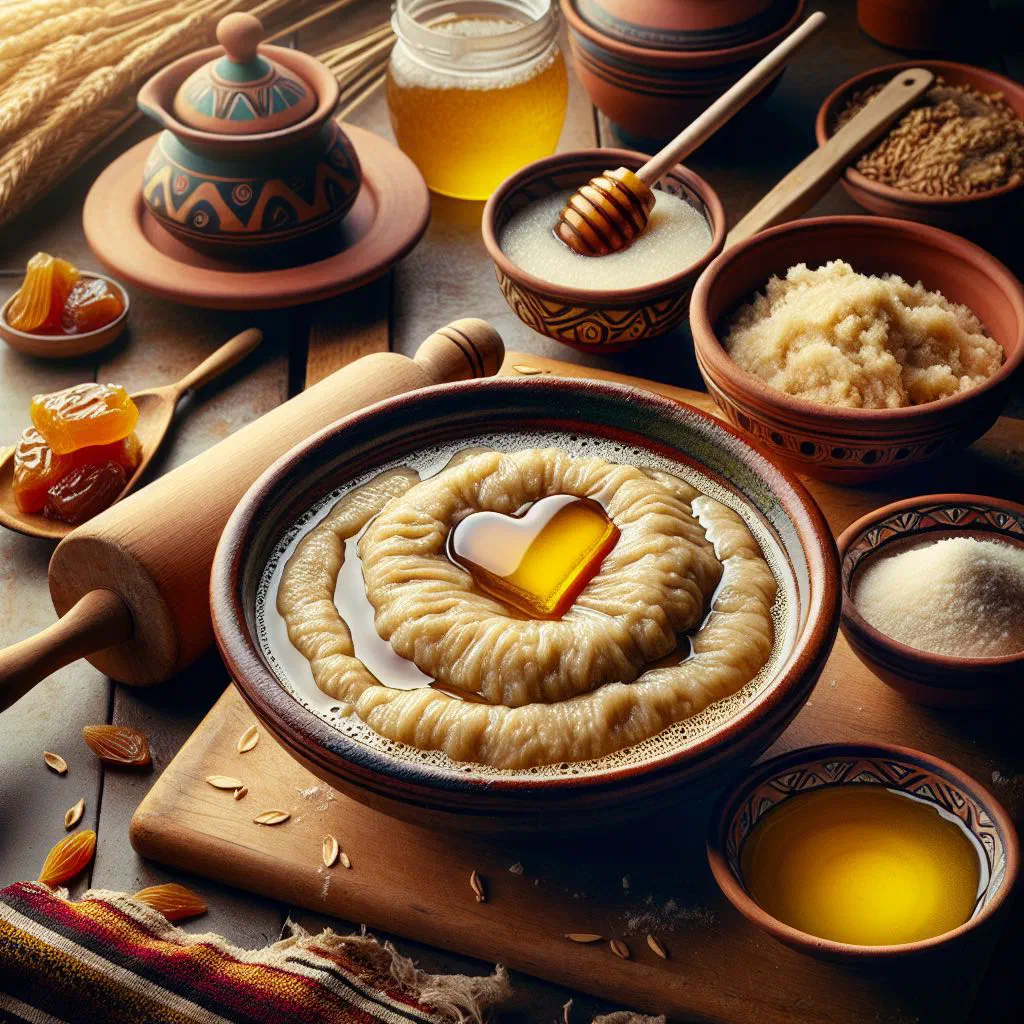 Soft mound of asida drizzled with honey and served with dates