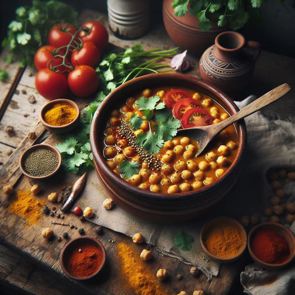 Bowl of Libyan chickpea stew garnished with fresh herbs