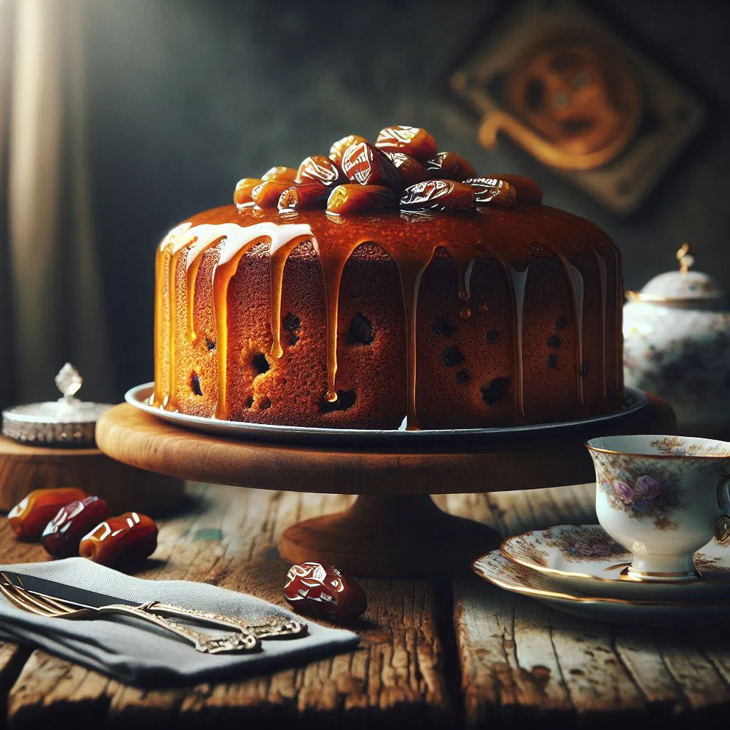 A slice of Libyan date cake dusted with icing sugar