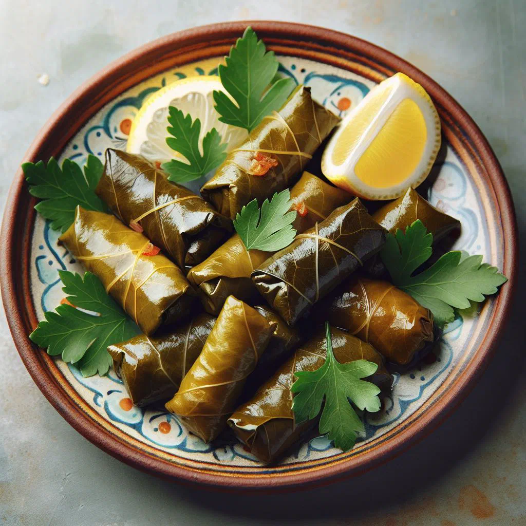 Libyan dolma of stuffed vegetables simmered in tomato sauce, garnished with fresh herbs