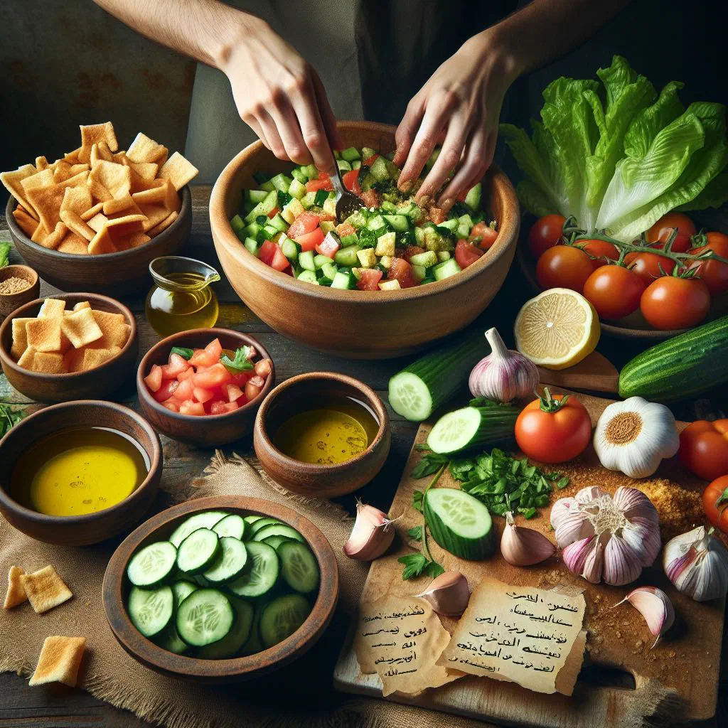 Colourful Libyan fattoush salad with crisp vegetables, herbs and toasted pita
