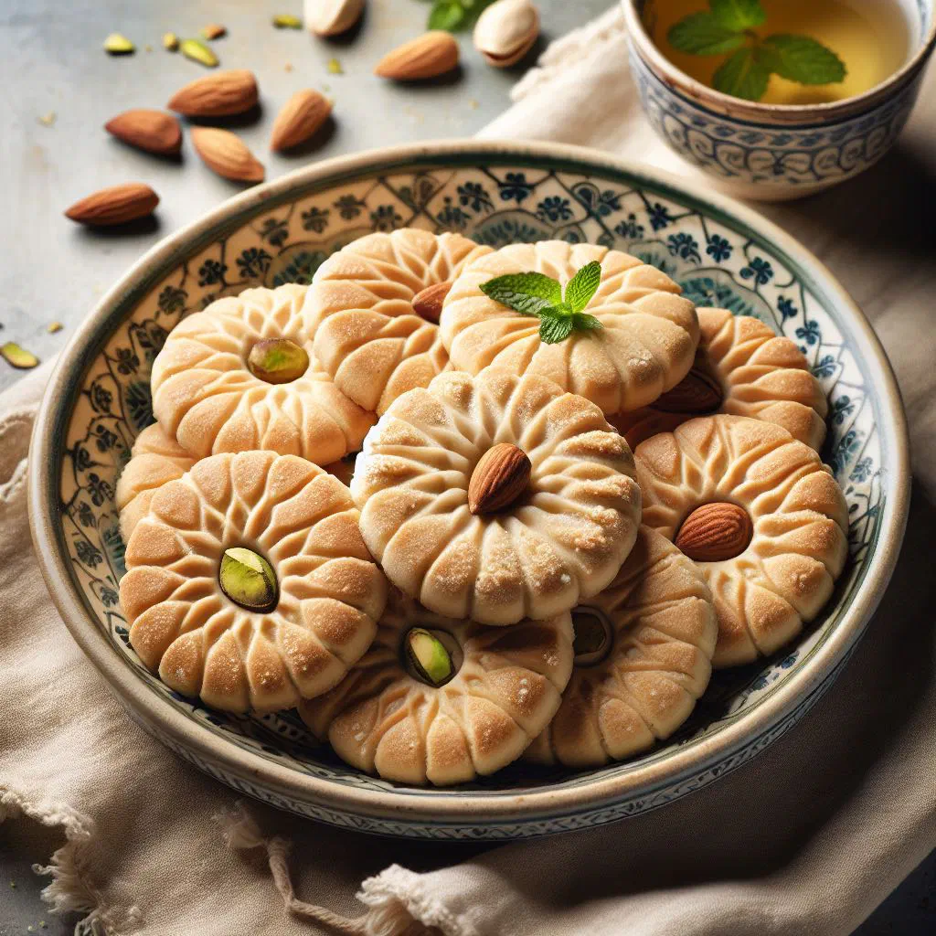 Pale, crumbly ghrayba almond cookies dusted with icing sugar