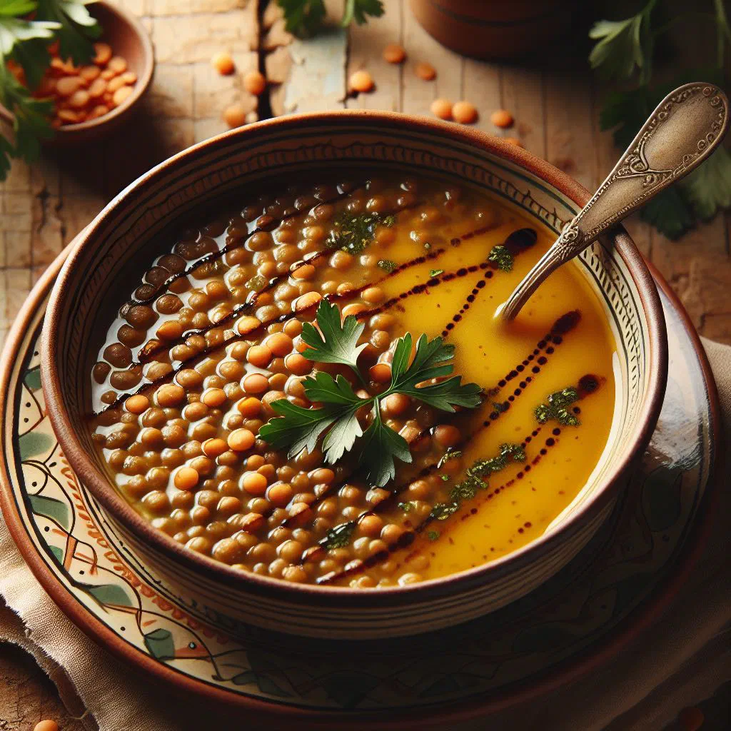 A steaming bowl of Libyan lentil soup garnished with parsley and lemon