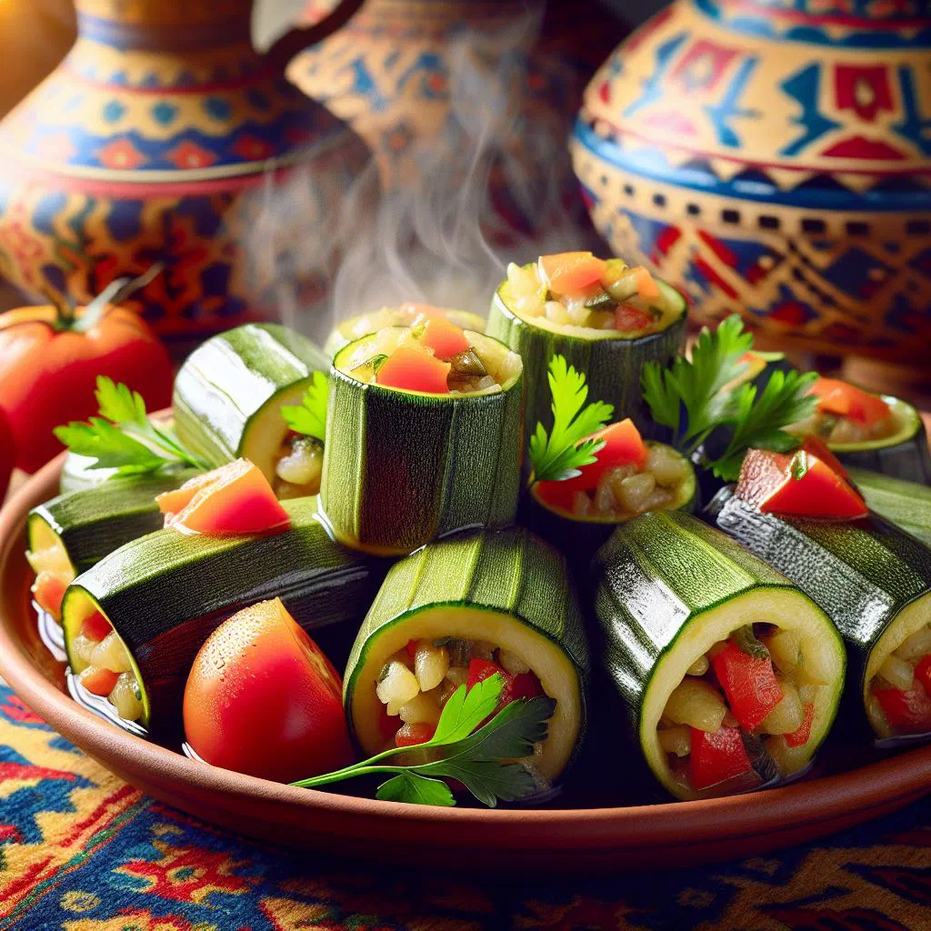 Stuffed courgettes and peppers filled with spiced rice and minced meat, garnished with parsley