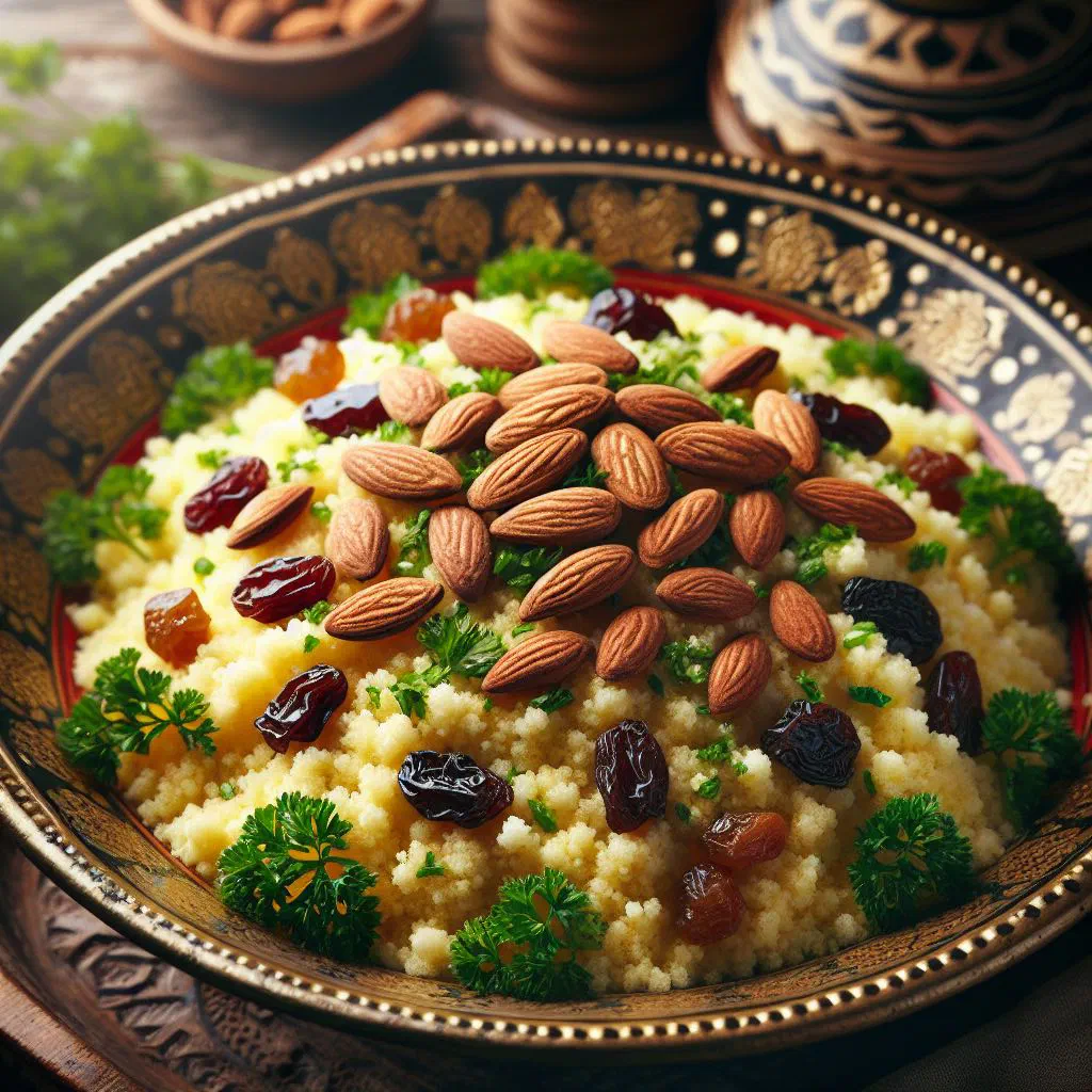 Steamed semolina masfouf topped with raisins and mixed nuts