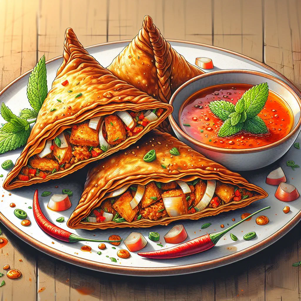 Golden pan-fried mhadjeb stuffed flatbreads with a spiced vegetable filling