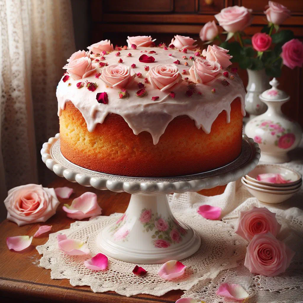 Slice of moist rose water and almond cake dusted with icing sugar