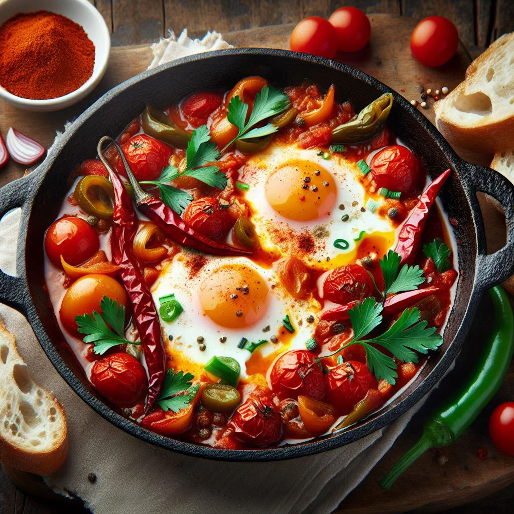 Shakshouka with poached eggs in a spiced tomato and pepper sauce, garnished with parsley