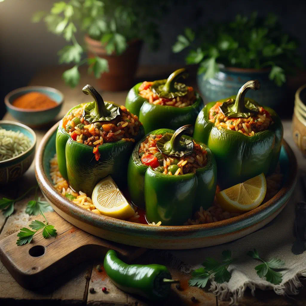Baked stuffed peppers filled with spiced rice and minced beef